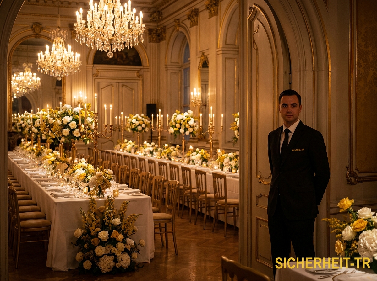 Eleganter Wiener Ballsaal mit gedeckten Tafeln und diskretem Sicherheits­personal am Eingang