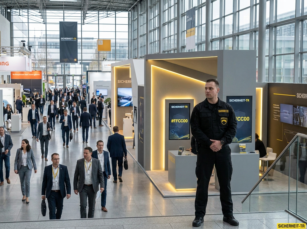 Sicherheits­wache in der Messehalle mit Besuchern und Ausstellungsständen
