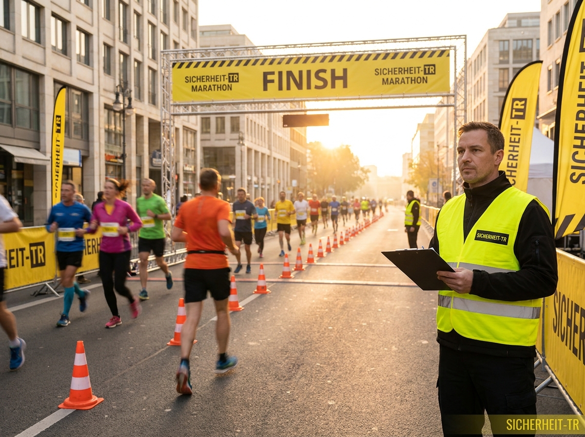 Marathon-Zielgerade mit Läufern und Sicherheits-Streckenposten in Warnweste