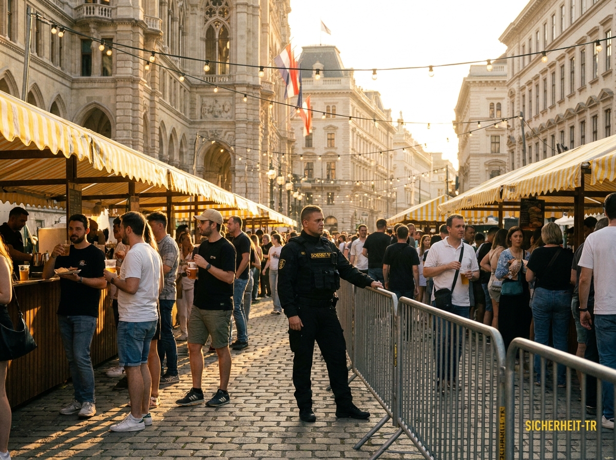 Wiener Straßenfest mit gelben Marktständen und Sicherheits­posten an Absperrung