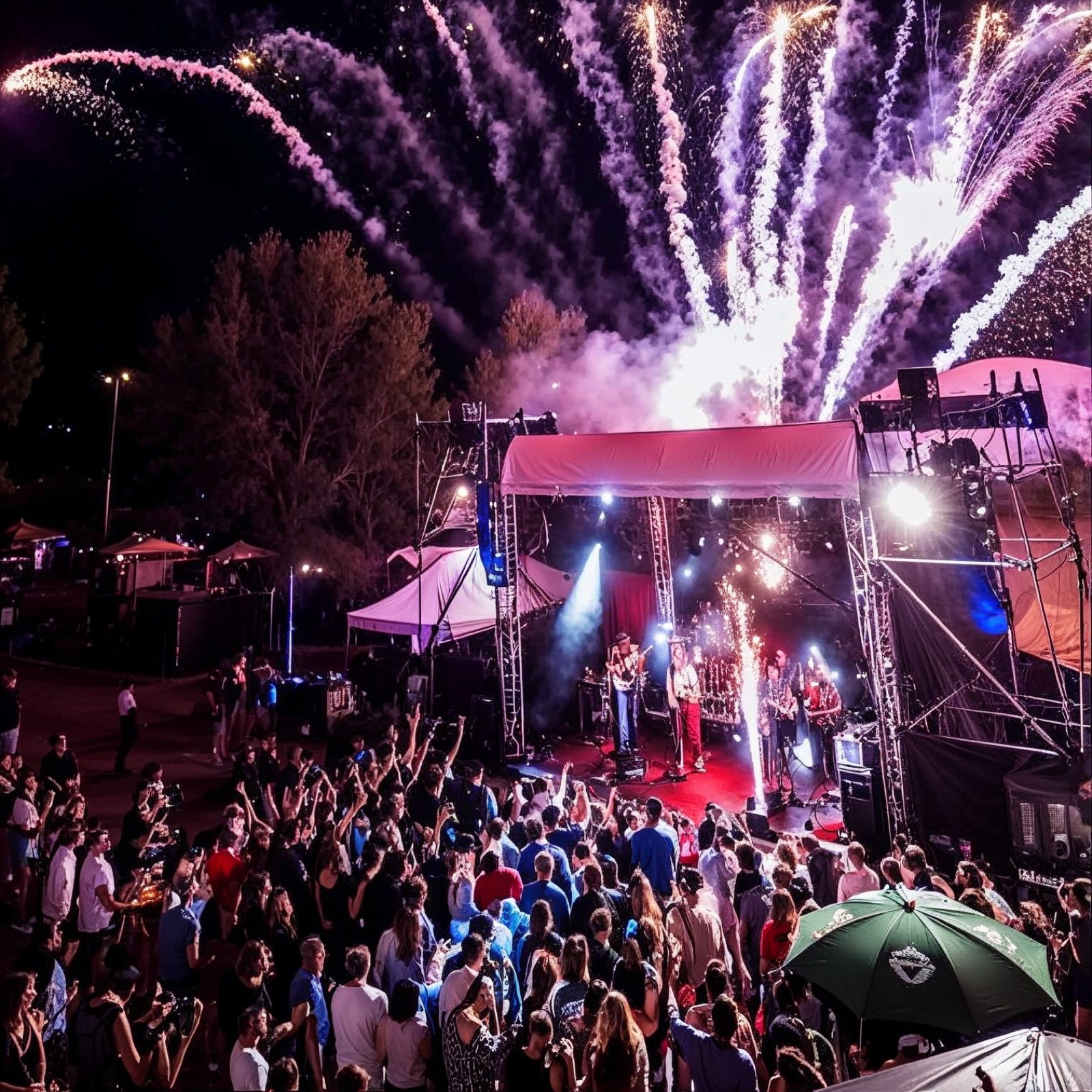 Open-Air-Bühne mit Live-Band und Feuerwerk bei der Blaulichtparty